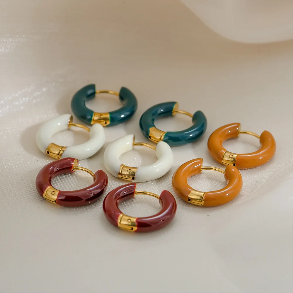 French Six Color Oil Dropping Earrings for Women Stainless Steel Golden Unusual Hoop Earrings Bijoux Acier Inoxidable Femme