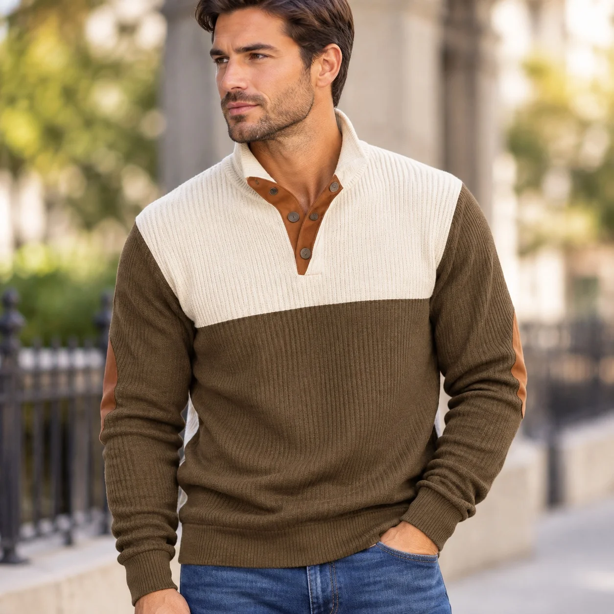Stand Collar Button Front Set Slim Fit Mature Casual with Contrast Placket Winter Summer Pull on Men Hoodies and Sweatshirts