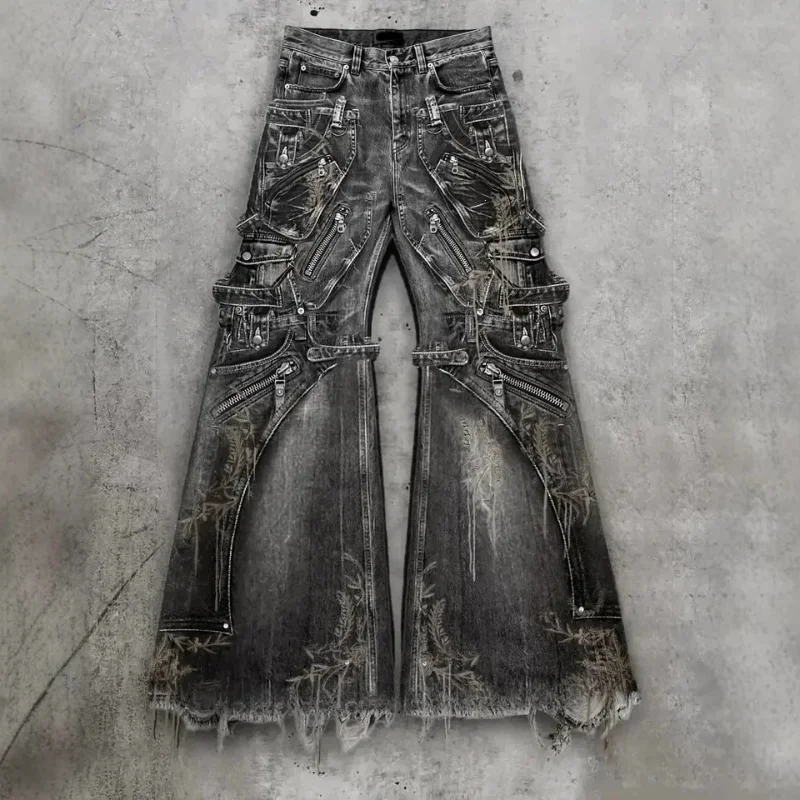 MWJLPWQ Streetwear Gothic Punk Multi-Pocket Cargo Men's Black Distressed Hiphop Flared Jeans With Zipper 2026 Autumn New 17510