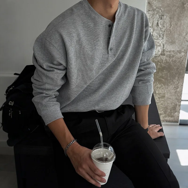 Waffle Henry Collar Long Sleeve T-Shirt Men's Spring and Autumn Loose Old Money Style Base Shirt