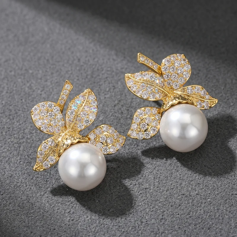 

Серьги-гвоздики SENYU класса люкс с крупными жемчужинами и листьями камелии для женщин, элегантные, сверкающие, с цирконами, цветочные, для вечеринок, эффектные украшения