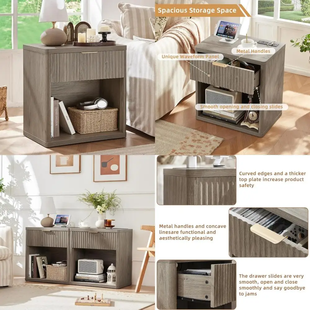 منضدة LEYAOYAO المخددة مع قاعدة شحن، طاولة نهاية 23 درجًا واسعةًا، حامل ليلي رمادي مع خزانة تخزين مفتوحة، Farmho