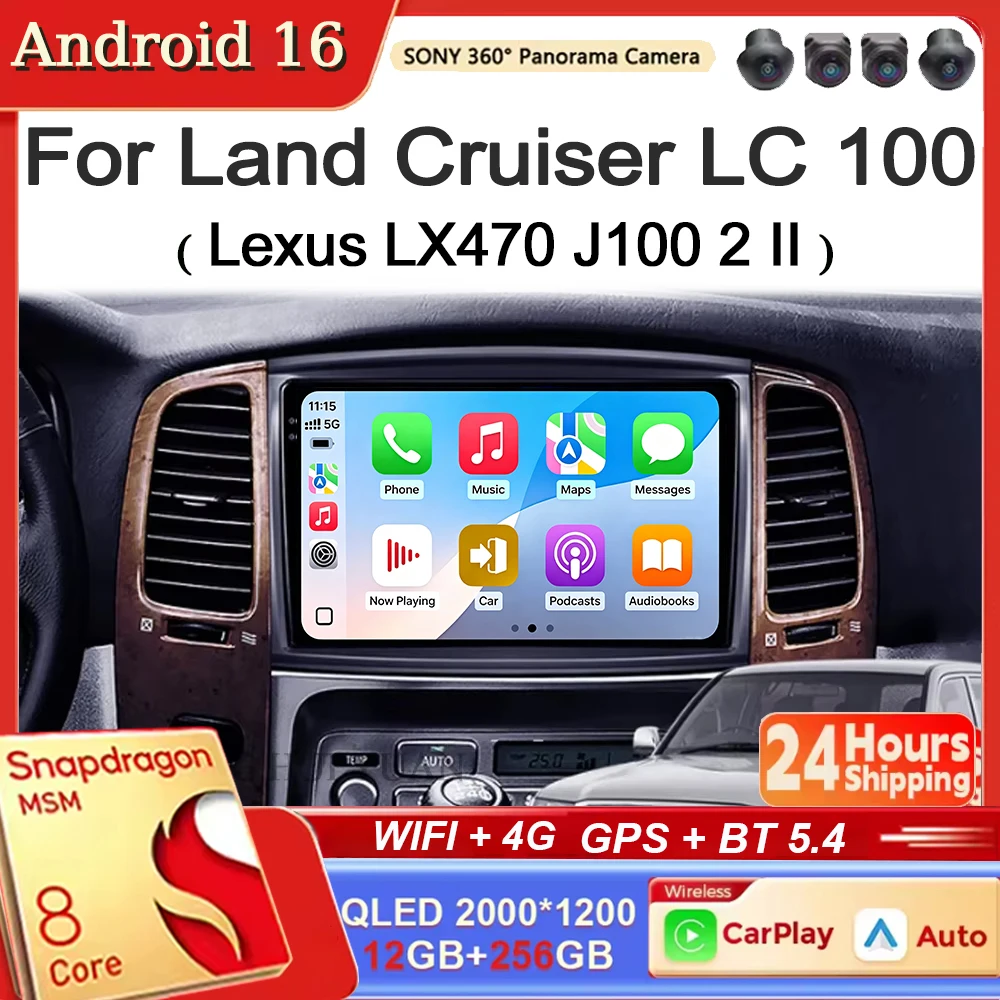For Toyota Land Cruiser LC 100 For Lexus LX470 J100 2 II 2002 - 2007 Android 16 Car Radio GPS Navigation QLED Carplay Auto Multi