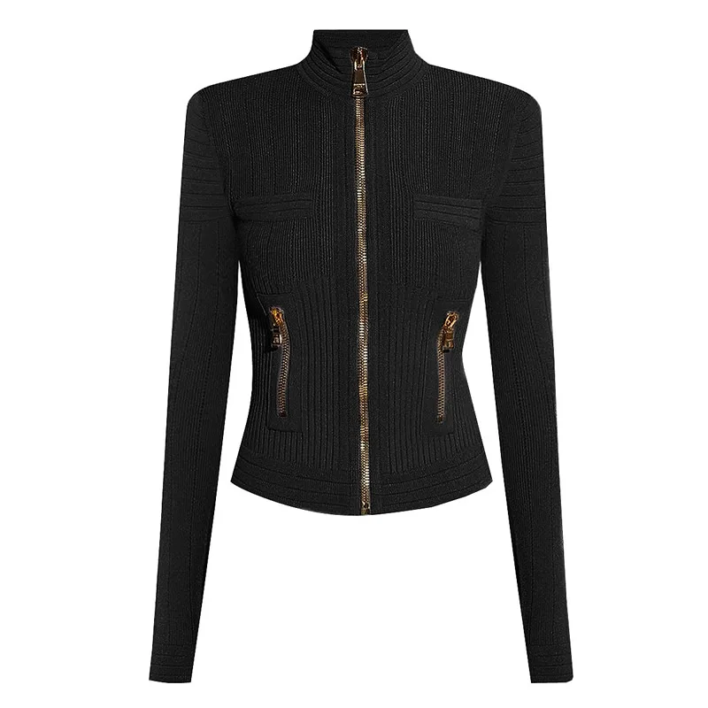 

High Quality Women Knitted Cotton Cardigan Long Sleeve Zippers Cardigan