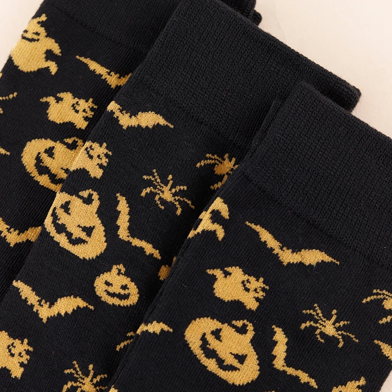 3 Pairs Of Four Season Unisex Trendy And Quirky Halloween Series Patterns, Versatile And Comfortable, Casual Black Stockings