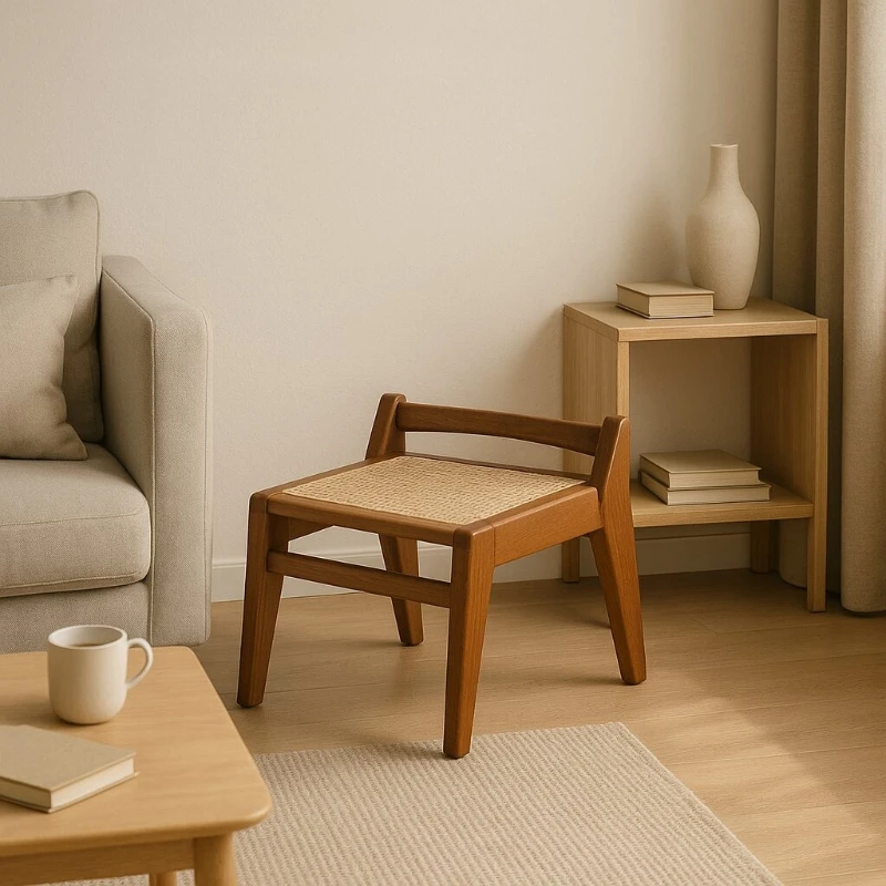 

Wabi-Sabi Rattan & Solid Wood Small Stool Breathable Low Footrest for Entryway Living Room Sofa Mortise Shoe Bench