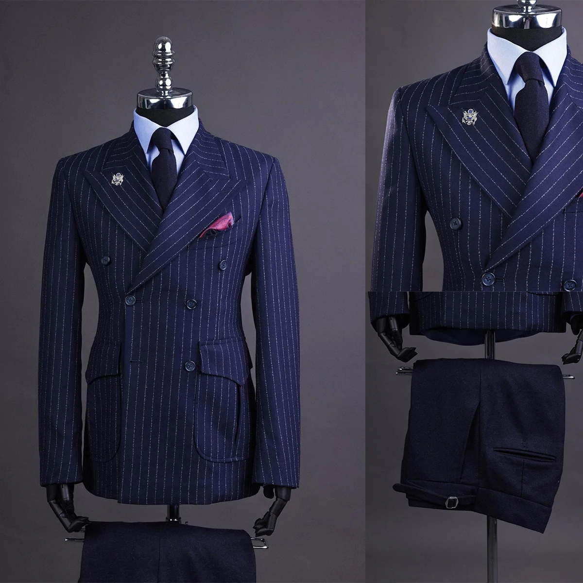 

Navy Men's Suits Tailored 2 Pieces Blazer Pants Peaked Lapel Double Breasted Pinstripes New Wedding Groom Custom Made Plus Size