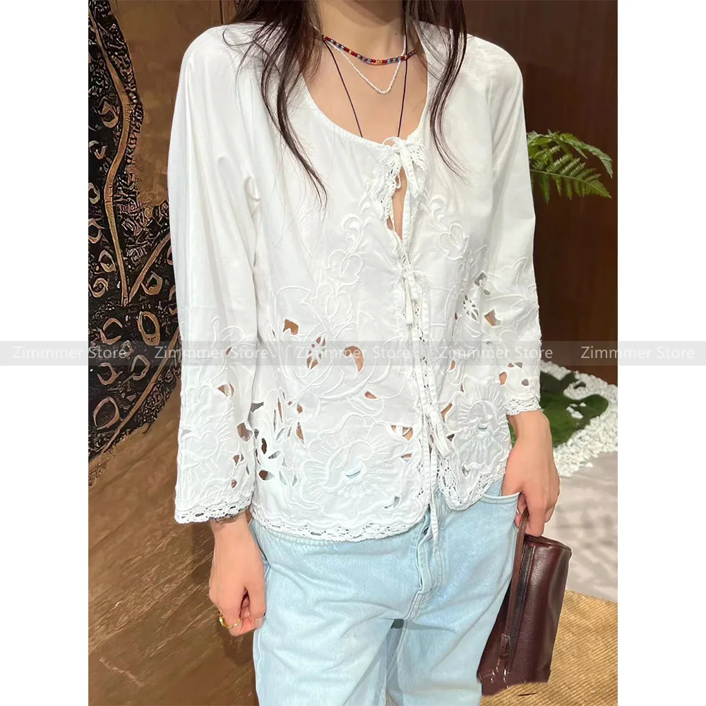 

Fashion women's 24 years early autumn new white hollow embroidery lace lace splicing tie long-sleeved shirt