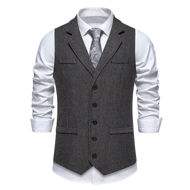 Men\'s Autumn and Winter New Fashion Herringbone Tweed Suit Vest Coat，Casual Vintage Lapel Single Breasted Solid Color Suit Vest