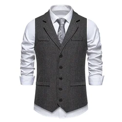 Men's Autumn and Winter New Fashion Herringbone Tweed Suit Vest Coat，Casual Vintage Lapel Single Breasted Solid Color Suit Vest