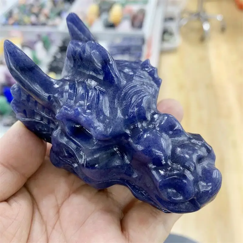 10CM Natural Blue Aventurine Dragon Skull Carving Head Animal Statue Faucet For Room Decoration Holiday Gifts 1pcs