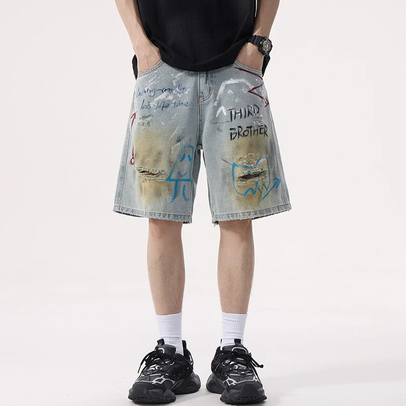 Men Graffiti Print Hole American High Street Hip Hop Loose Casual Distressed Ripped Denim Shorts Baggy Short Jeans Pants