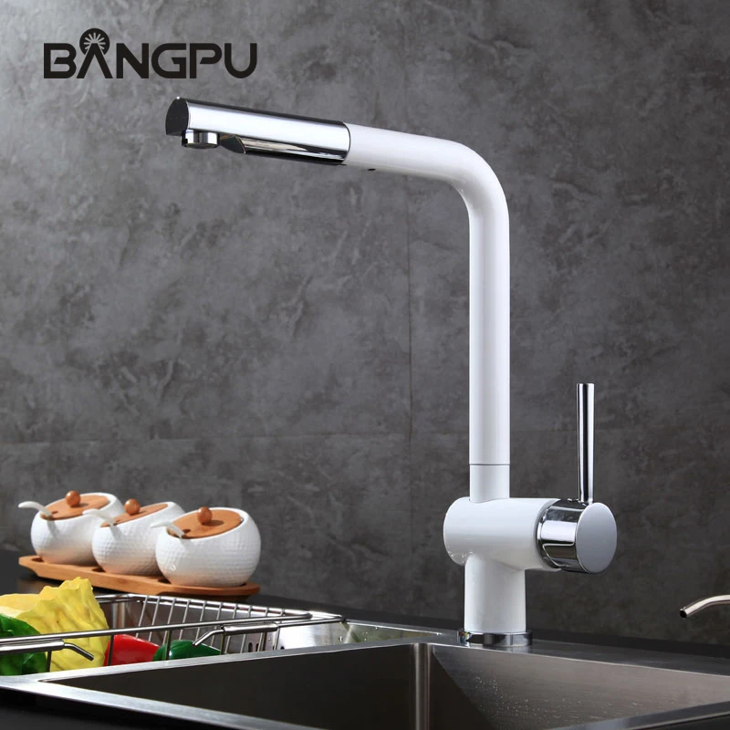 

Deck Mounted One Handle Pull Down Sink Faucet Modern Kitchen Hot and Cold Mixer Taps Single Hole Kitchen Sink Faucet White