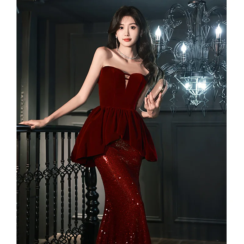 TOAST Clothing Wine Red Fishtail High-End Evening Dress Female 2024 New Marriage Engagement Small