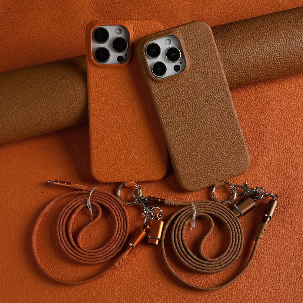 Luxury USB Charging Cable Genuine Leather Case For iPhone 16 Pro Max 15Pro 11 13 12pro 14Pro Strap Crossbody Lanyard Phone Cover