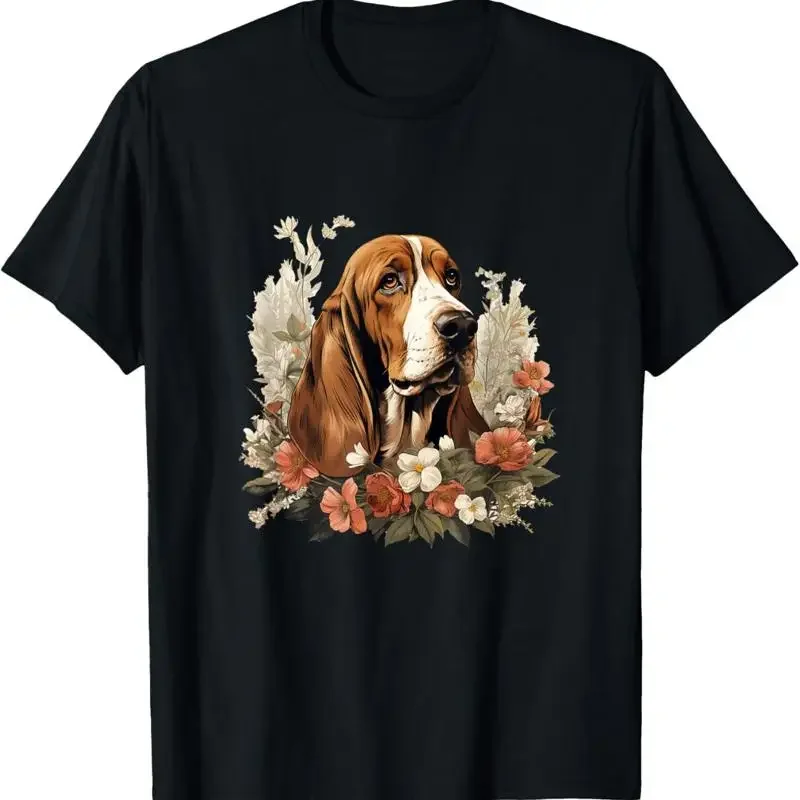 Basset Hound Dog Watercolor With Flowers Floral Border T Shirt