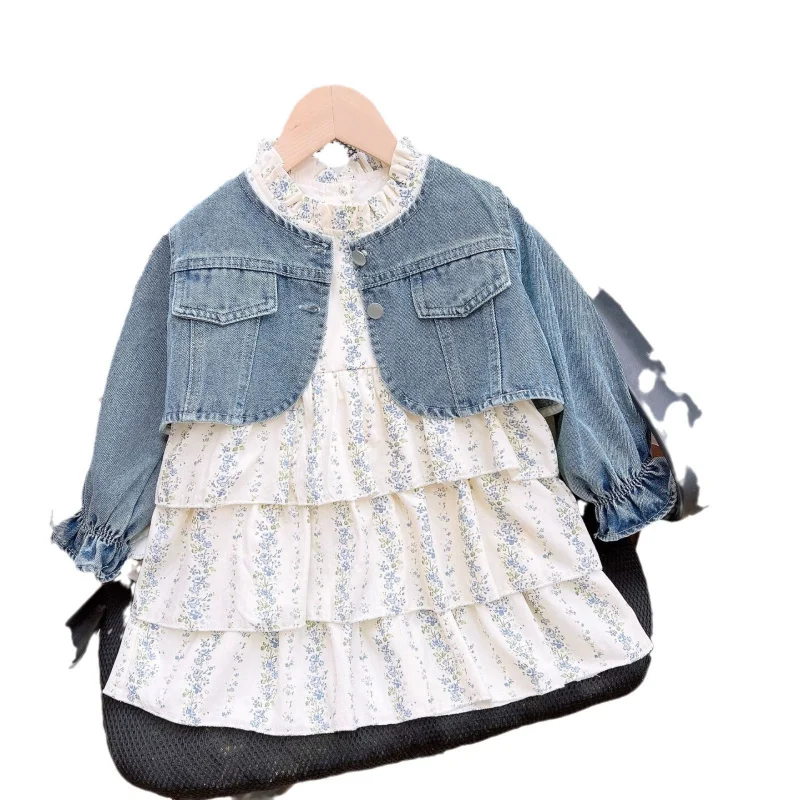 084Girls' Primavera e Outono Nova Moda Jaqueta Jeans com Conjunto de Vestido de Bolo Floral