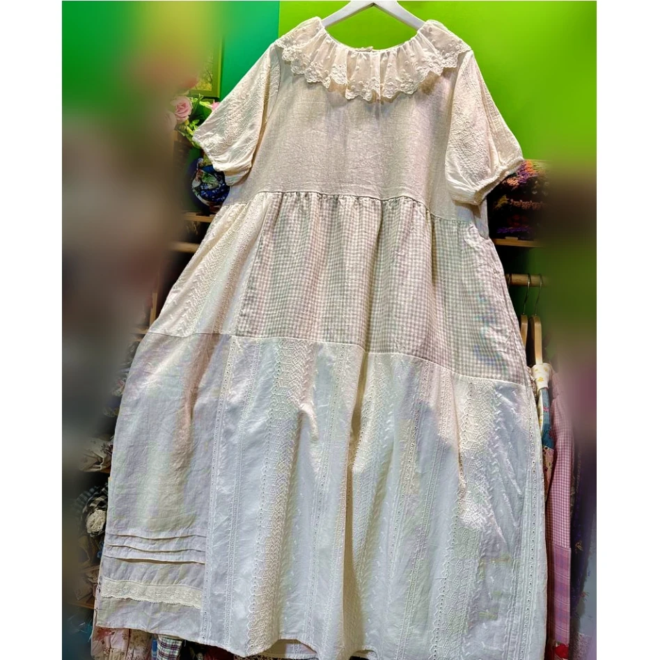 

Women Vintage Linen Patchwork Plaid Eyelet Lace Midi Dress 2025 Retro Chic Summer Lolita Cottage Core Mori Girl Sweet Long Dress