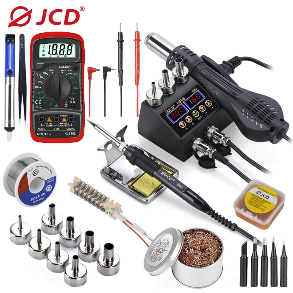 

JCD 2-in-1 750W welding station LCD digital display adjustable temperature 220V mobile phone BGA SMD IC repair welding tool 8898