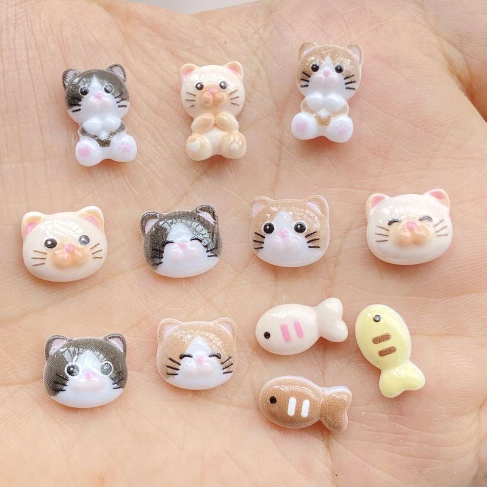 50Pcs Cute Cartoon Mini Cat, Little Fish Series Nail Art Resin Designer Charms DIY Craft For Nail 3D Decorations Jewelry