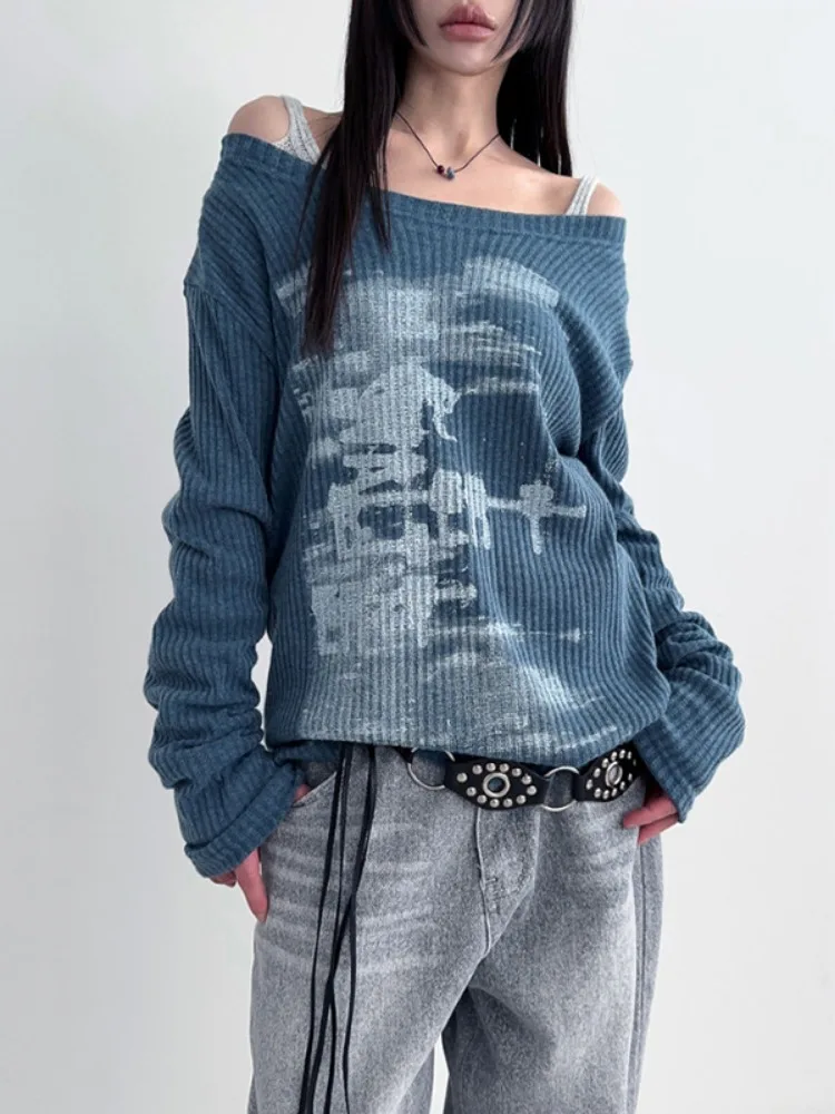 Autumn Harajuku Women Printing Tees Vintage Streetwear Grunge Skew Collar Tops Y2k Aesthetic Loose Casual Hiphop Vintage Tops