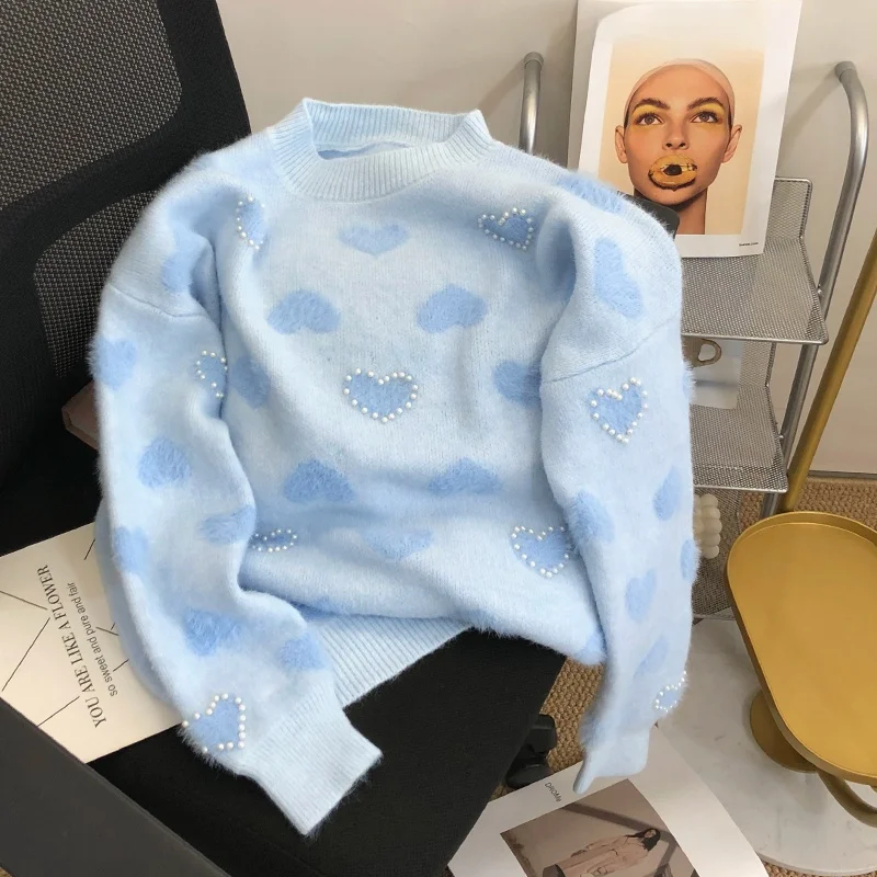 Sweater Rajut Pink Wanita Lembut Nyaman Santai Retro Manis Longgar Motif Hati Kamera Musim Gugur Musim Dingin Fashion Bulat Leher...