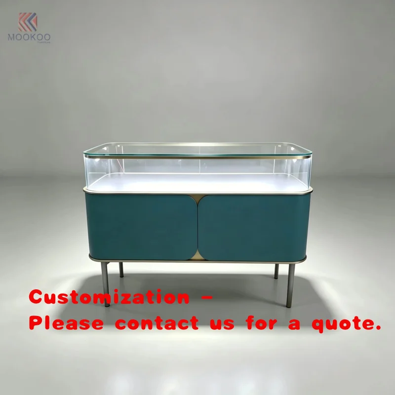custom.MOOKOO Custom Modern Color Jewelry Display Rounded Curved Glass Showcase Gold Metal Trim Showcase Luxury Retail Bouti