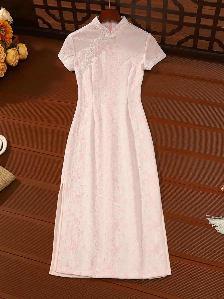 

Розовое ципао в молодежном стиле, модное повседневное женское платье малого размера, летняя новинка, дышащее, с коротким рукавом, длинное, в стиле Цзяннань Фу