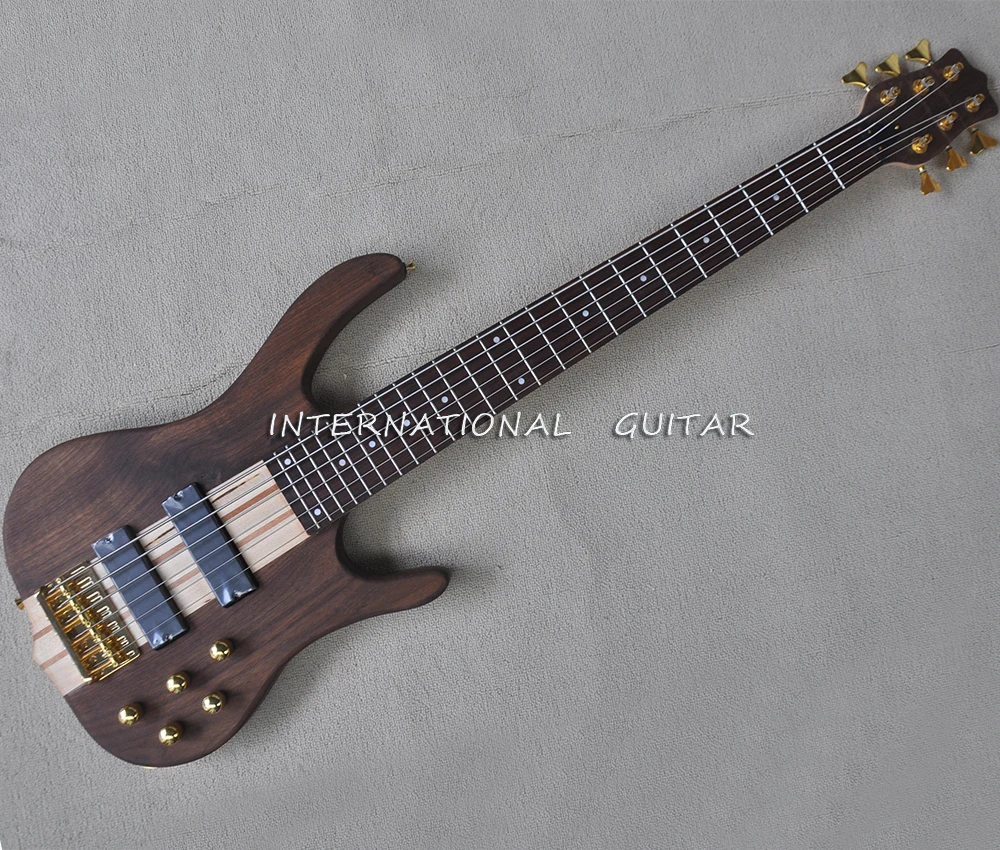 Walnut 6 Strings Electric Bass Guitar with 24 Frets,Active Circuit,Rosewood Fretboard