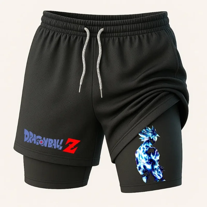 Pantaloncini Dragon Ball 2 in 1 Pantaloncini estivi da uomo con grafica anime giapponese Son Goku Pantaloncini da esterno con tasche Pantaloncini sportivi a due piani da uomo