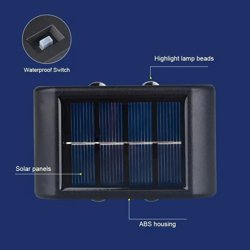 Уличная настенная лампа на солнечной батарее, 4 светодиода, вверх и вниз, светящаяся лампа, тёплая фотолампа, водонепроницаемая настенная фонарь, украшение для сада