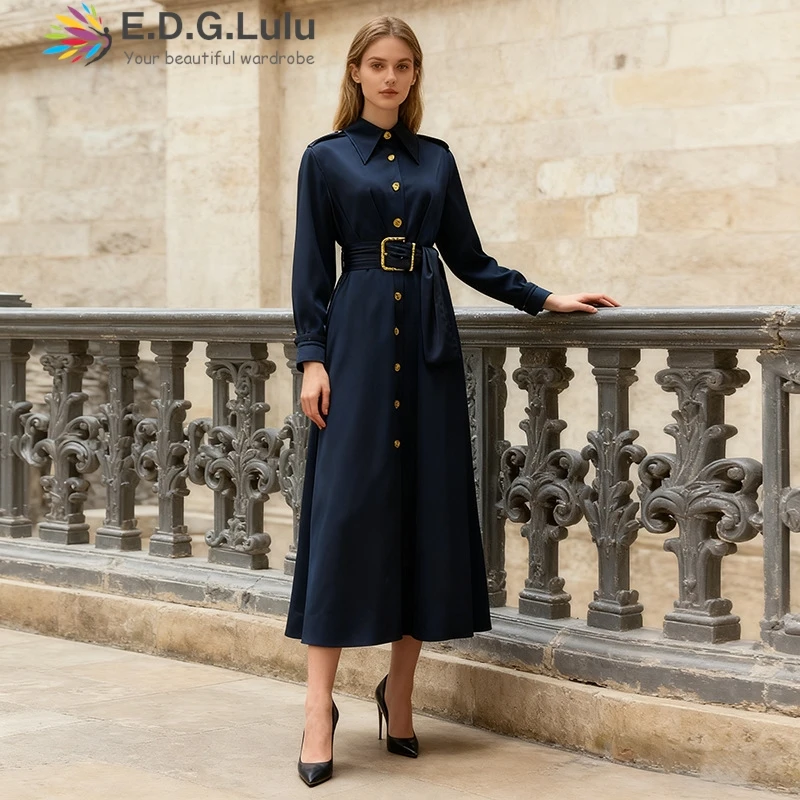 EDGLuLu Retro Colletto rovesciato Monopetto Abiti lunghi Donna 2025 Autunno Nuovo Nuovo abito in raso a maniche lunghe + Cintura 1116