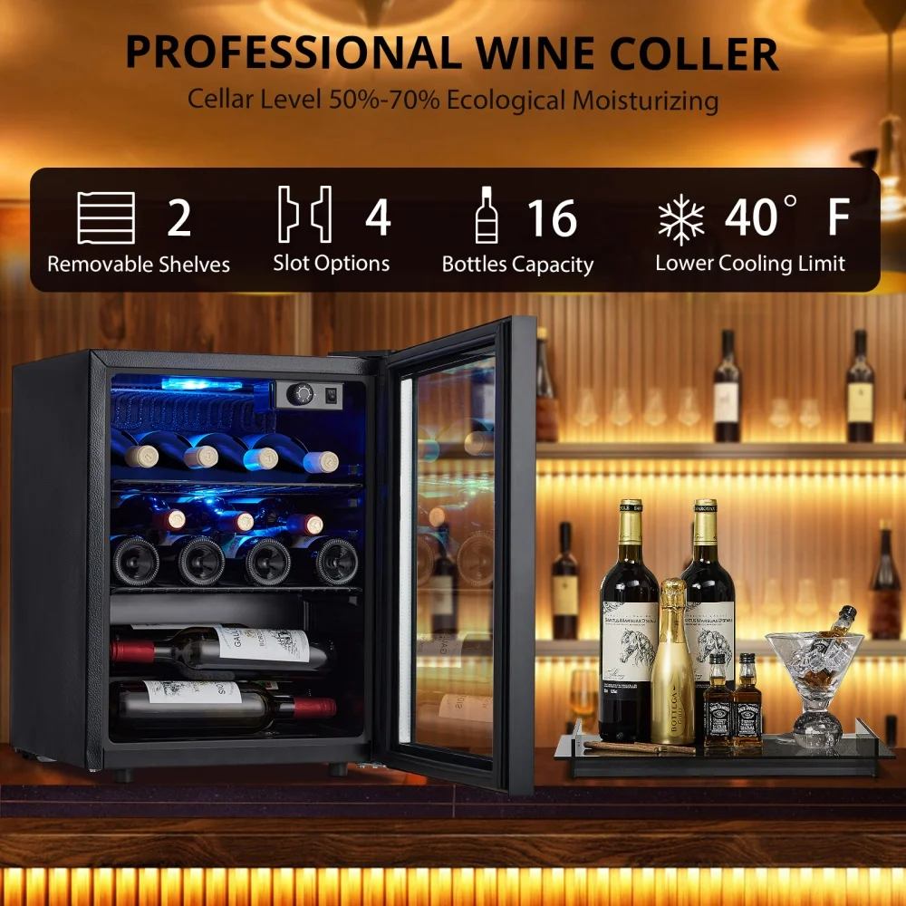 16 Bottle Wine Fridge Wine Cooler Temperature Adjustment Range 40~61°F, Wine Fridge Small with Triple Pane Clear Glass Door