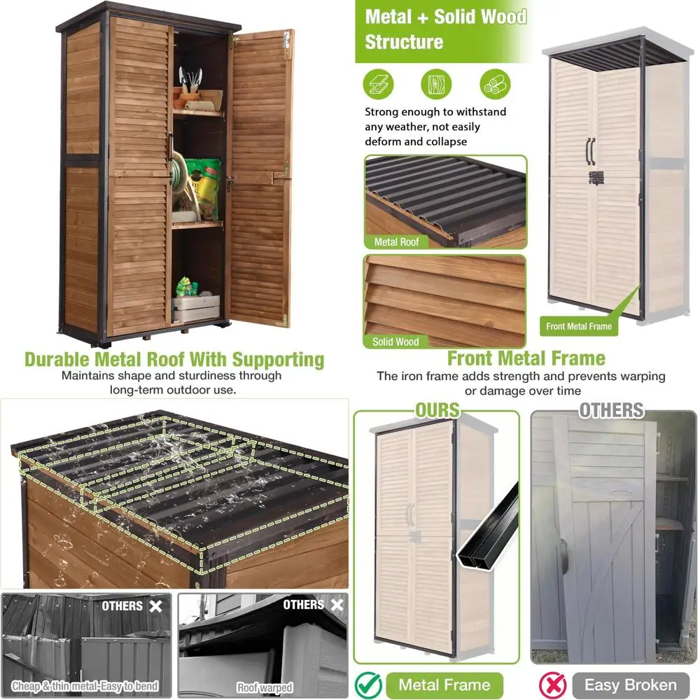 

Outdoor Storage Cabinet with Waterproof Metal Frame, Wooden Sheds, Floor, 4 Lockable Doors, and 2 Adjustable Shelves