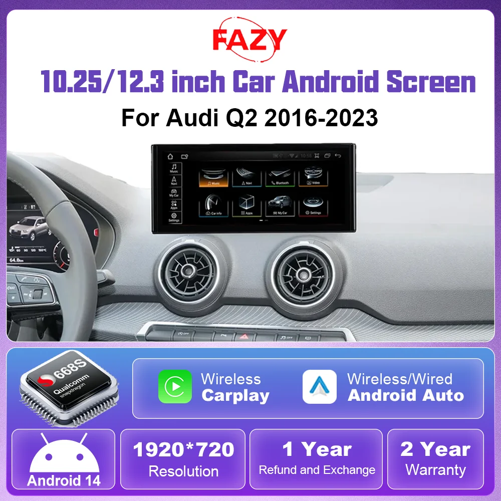 FAZY Android 14 Wireless CarPlay Multimedia Player Car Radio For Audi Q2 2016-2023 1920*720 GPS Navigation Stereo Receiver Touch