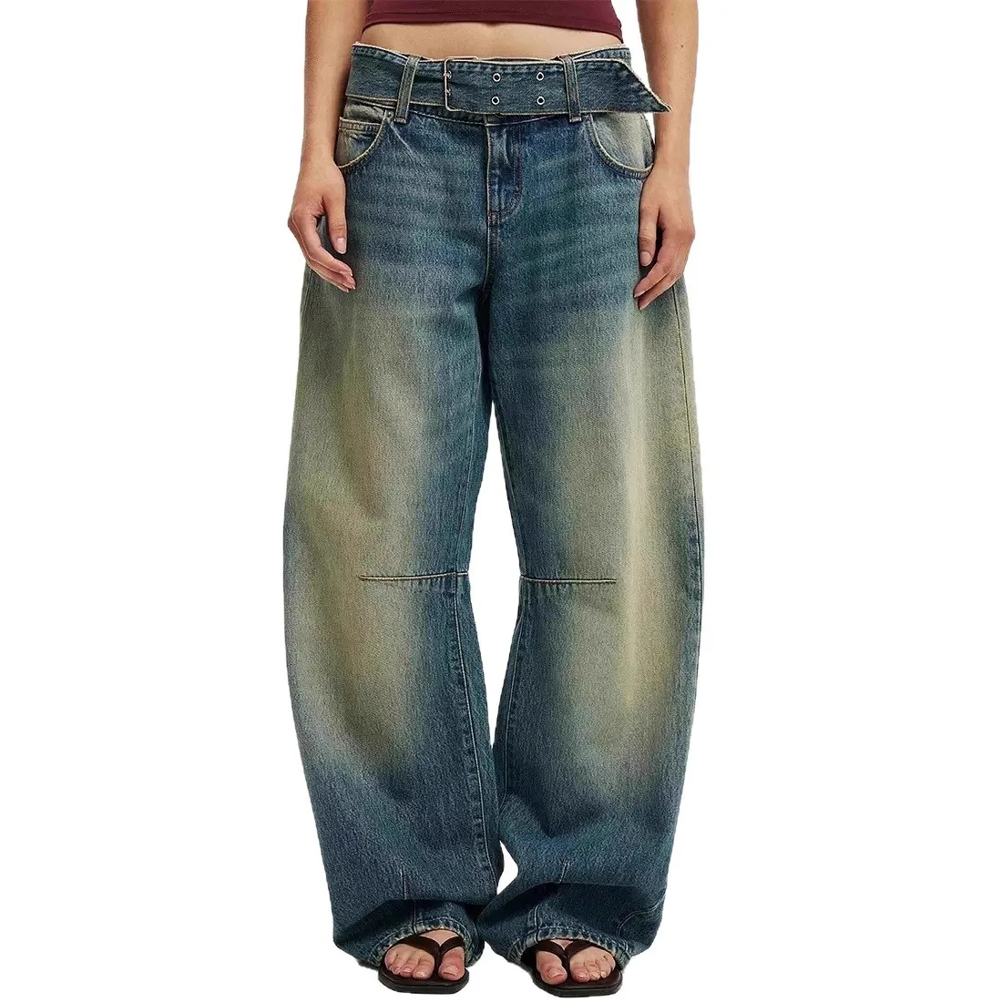 Amerikanischer Retro-Steingewaschene Arbeitskleidungsjeans mit weitem Bein, 2025, Frühjahr, neues Design, High-Street-Sexy-Mädchenhose mit geradem Bein