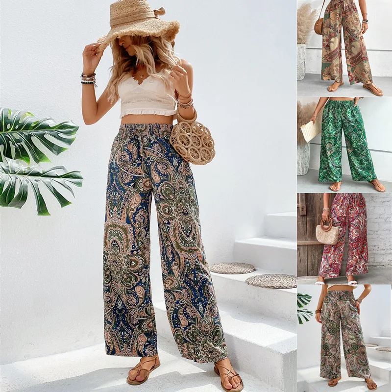 

Women's High Waist Wide Leg Pants Flower Summer Fashion Vintage Print Full Length Pant Boho Commute Elastic Casual Long Trousers