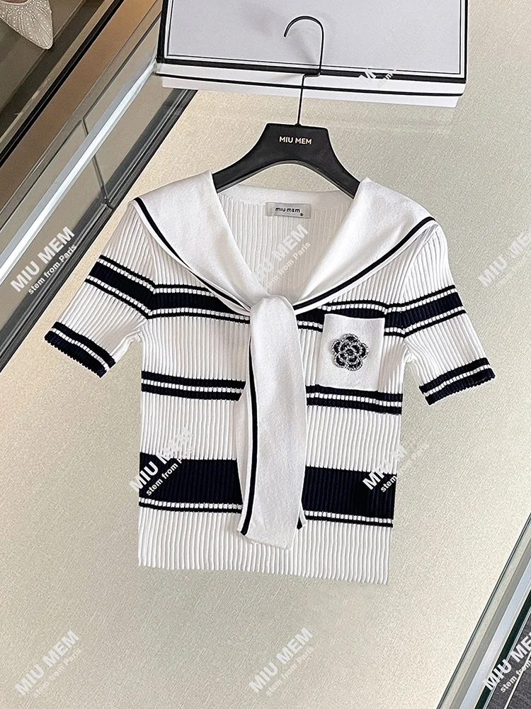 

Вязаная футболка с воротником «морской волны» в полоску, женский летний топ в консервативном стиле Quali Crtsmanip Regular Fit ort Sve