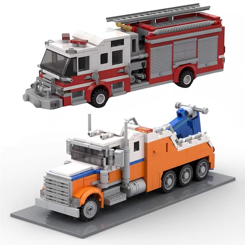 Bricklink MOC Technical Car Mini 42128 Giant Tow Truck and City Fire Pump Truck Sets Building Blocks Kid Toys Christmas Gift