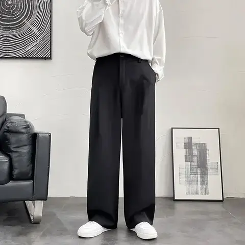 Draped Man 정장 바지 남성용 검은 바지 유체 넓은 다리 고품질 디자이너 의류 우아한 빈티지 패브릭 저렴한 봄