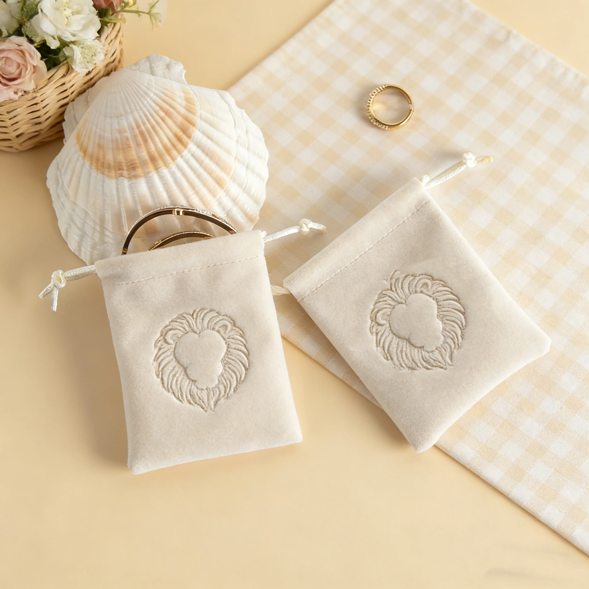Paquete de 50 Bolsas de Joyería de Lujo Personalizadas, Gruesas, Color Beige, con Cordón, para Regalos de Boda, Bolsas de Terciopelo para Lápiz Labial, Bolsas Protectoras contra el Polvo