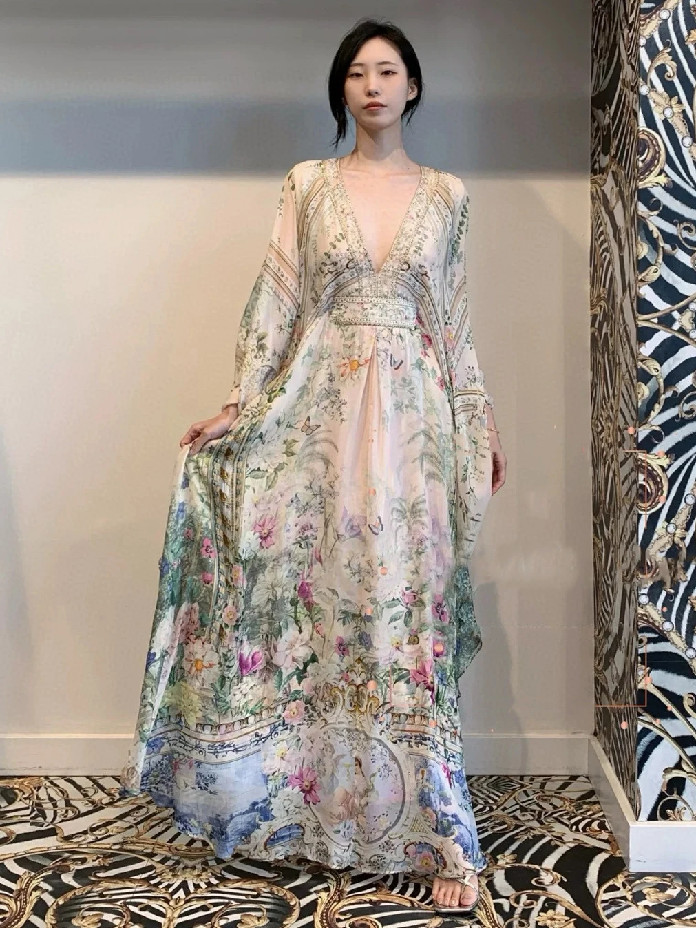 

EVACANDIS 100% натуральный шелк женское новое роскошное богемное платье миди высокого качества с ромбовидным цветочным принтом винтажное милое платье