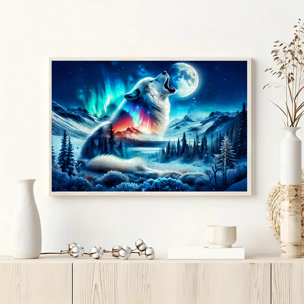

1000pcs Northern Lights Wolf Howling at Moon Jigsaw Puzzle - Aurora Borealis Arctic Wolf Night Sky Scene with Snowy Mountains