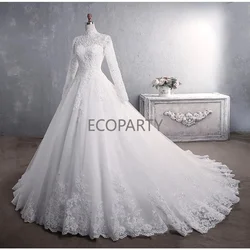 Muslim Wedding Dress 2023 Elegant High Neck With Train Princess Bride Dress Luxury Lace Embroidery Wedding Gown Vestido De Noiva