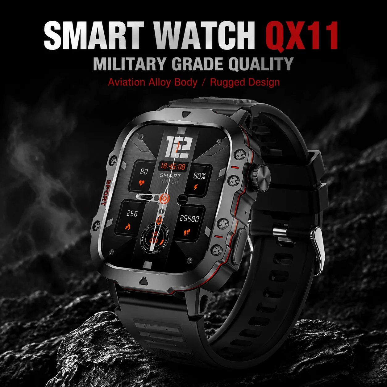 

Rugged Military Smartwatch 2.01" HD 3ATM Waterproof Blood Oxygen BT Call LED Flashlight Fitness Tracker for Men Android iOS