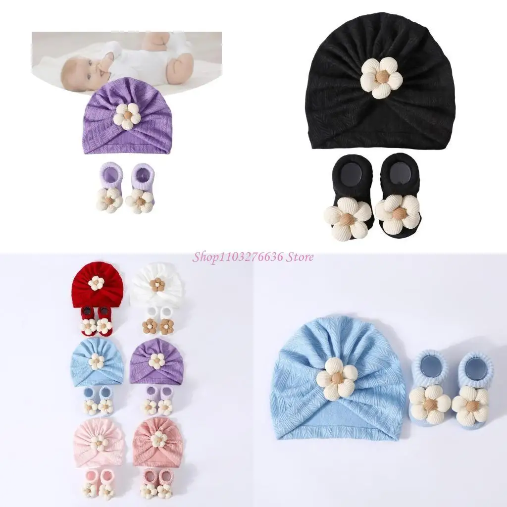 

R6FD Newborn Baby Hat & Sock Set Soft Knit Baby Hat & Socks Set for Everyday Wear