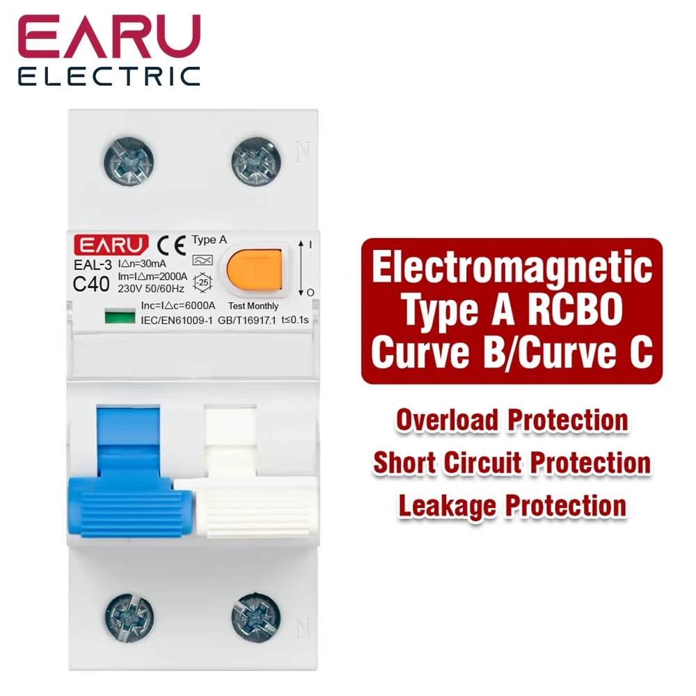 

2P 40A 30mA AC 230V 50/60Hz RCBO RCCB MCB Тип A Электромагнитный автоматический выключатель остаточного тока Кривая защита от утечки B/C