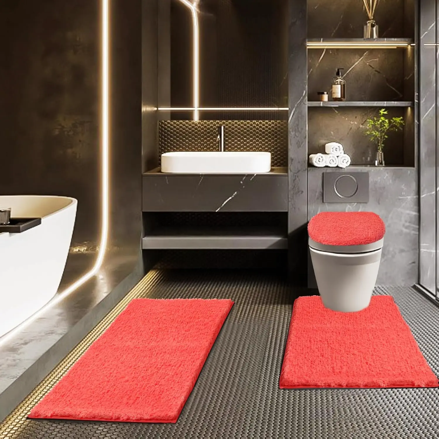 

Bathroom Rugs Sets 3 Piece with Adjustable Toilet Seat Cover 17.5"x 15" Machine Washable Bath Rug Set with TPR Non Slip