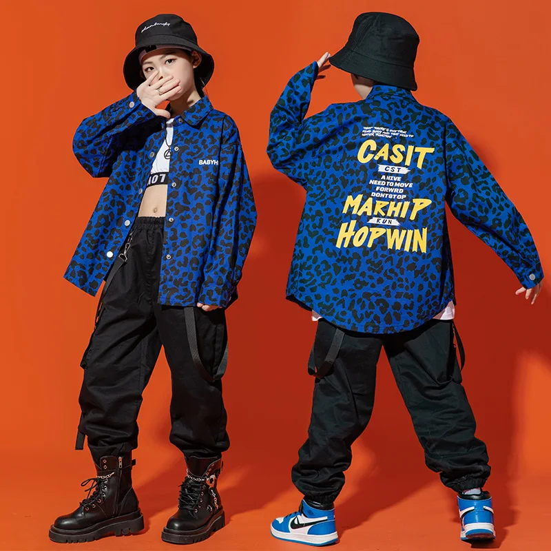 

Kid Kpop Hip Hop Clothing Blue Leopard Print Shirt Top Casual Cargo Jogger Harem Pants for Girl Boy Jazz Dance Costume Clothes