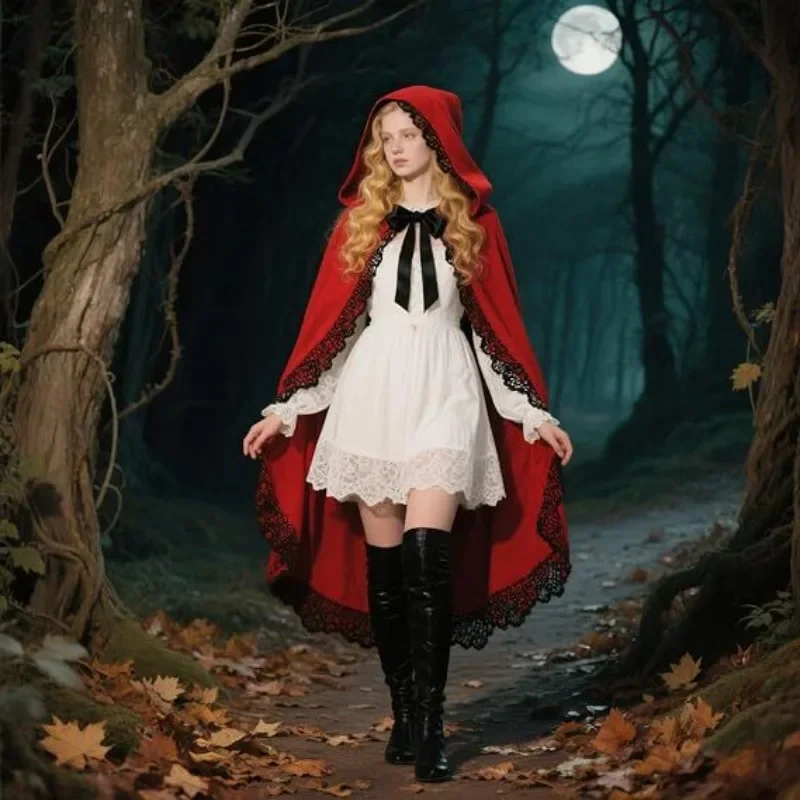 Cape Ruffle Cloak Hooded Short Bright Red Lace Little Red Riding Hood Cape Hooded Cape